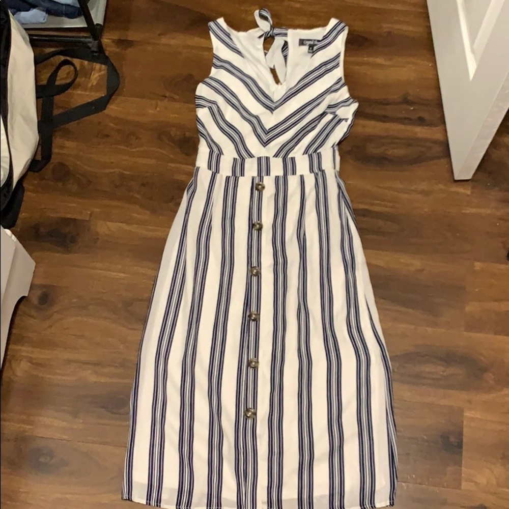 White and Blue Striped Button Dress
